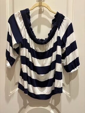 Three Dots Navy and White Striped Ruffled off the shoulder Top